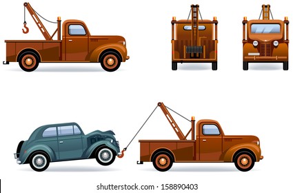 Breakdown Truck (30th-40th) at work. Set of the car icons in vector.  In the side, back and front views. Elements are in the separate layer. 
