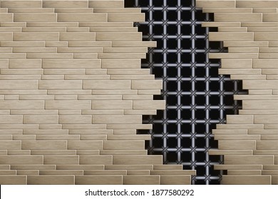 Breaked wall closed with a grate. Vector illustration.
