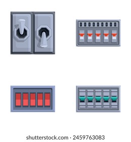 Breaker switch icons set cartoon vector. Electric breaker switchbox. Electricity equipment