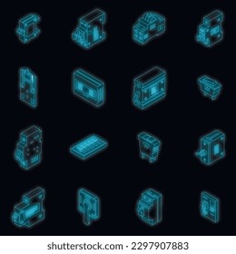 Breaker switch icons set. Isometric set of breaker switch vector icons neon color on black