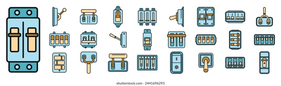 Los iconos de interruptor de ruptura establecen el vector de contorno. Cortador de cables. Interruptor de circuito de línea fina de color plano aislado