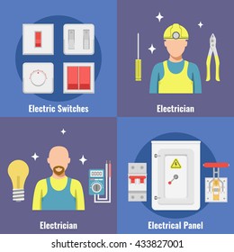 Breakers set switch vector flat, fuse vector, electric box, circuit breakers, electrical panel, switch with wires, Professional electrician icon. Equipment and tools electrician.