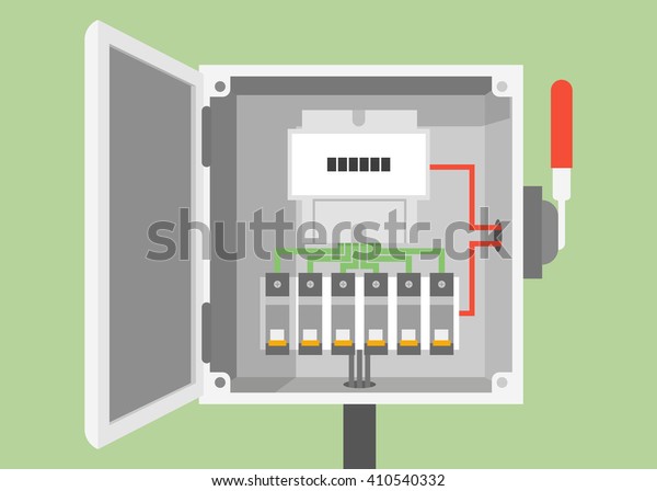 Breakers switch vector flat, fuse vector, electric\
box, circuit breakers, electrical panel, switch with wires,\
electric meter in box