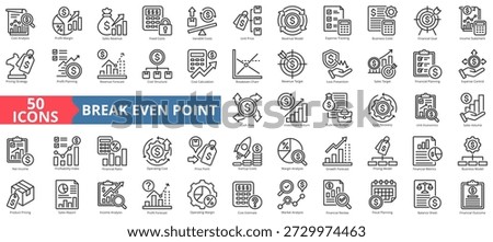 break-even point icon set outline style illustration. containing cost analysis, profit margin, sales revenue, financial planning, business model, investment return, income statement, cash flow