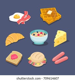Breakfadt related food colorful flat illustrated icons with fried eggs, bacon, waffles, croissant, muesli, cheese, toast, jelly, sandwich, sausages.