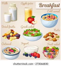 Breakfast 2. Set of cartoon vector food icons. Milk, apple juice, cold cereal, nuts, dried fruits, Greek salad, oatmeal, yogurt, fruit salad. 