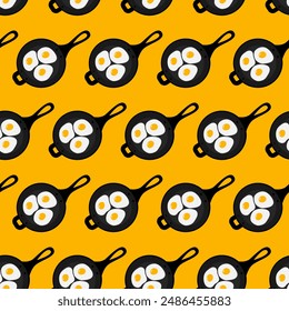 Frühstück von 3 Eiern in einer gusseisernen Pfanne in trendigen Tönen. Kulinarische Lebensmittel Hintergrund Design Idee
