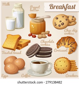 Breakfast 3. Set of cartoon vector food icons. Milk, peanut butter, choc chip cookies, toasted bread, chocolate cookies, croissant, eggs, coffee, crackers