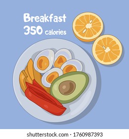 Breakfast 350 calories with boiled eggs, avocado, pepper and orange