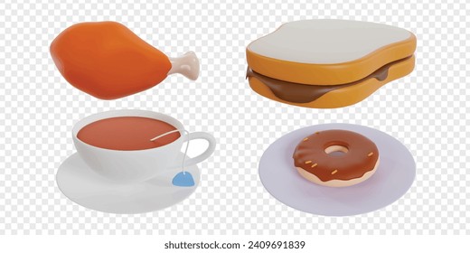 Iconos 3d del desayuno representan a clipart. Plantilla de ilustración de vectores alimentarios saludables.