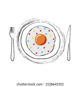 breakfast abstract fried egg on a plate, colorful fried egg, vector illustration isolated on white background.
