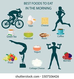 Breakfast for active people. Set of the best products - eggs, porridge, cottage cheese, nuts, berries, yogurt, tea, coffee, fruits - vector. Healthy lifestyle.
