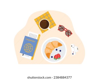 Breakfast. at the airport with croissants on the menu, accompanied by a cup of black coffee and sliced strawberries and some blueberries, desk top view vector illustration.