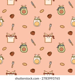 Breakfast angry cartoon so cute. On bread avocado boiled eggs turban fork knife mug background. Pattern seamless vector illustration. 