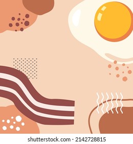 Breakfast Background With Bacon, Fried Egg Decorating With Wavy Lines, Dots And Abstract Shapes. Good Morning Vibes. Enjoy Meals Lifestyle. Background For Posting Emotion On Social Media.