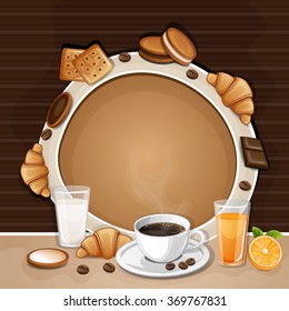Breakfast background with coffee ,croissant,biscuits and cookies.
