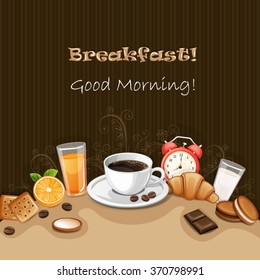 Breakfast background with coffee ,croissant,biscuits and cookies.