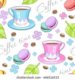Breakfast background. Coffee time seamless pattern. Cake sweet dessert wallpaper. 