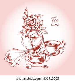 Breakfast background with Cup of coffee, spoon, plate,  cake,  rose in vase . Hand drawn vector illustration.