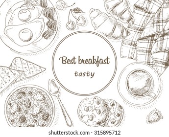 Breakfast background. Healthy food. Vintage hand drawn vector frame.