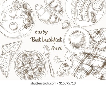 Breakfast background. Healthy food. Vintage hand drawn vector frame.