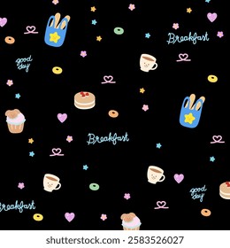 Breakfast background with loaf bread, tote bag, cereal, cupcake, pancake, coffee, heart, flower, star for wallpaper, food backdrop, grocery shopping, supermarket, picnic blanket, duvet, packaging

