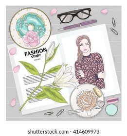breakfast background magazine coffee flower cute flat lay fashion illustration