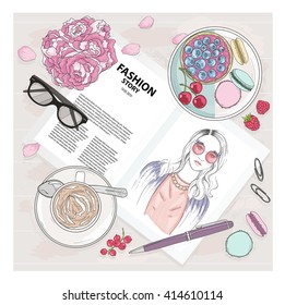 Breakfast background with magazine, coffee, macaroons, flower, gasses and berries. Cute flat lay fashion illustration for girls or women. flat lay, flat lay, flat lay, flat lay, flat lay, flat lay
