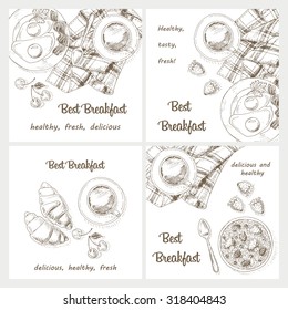 Breakfast background set. Healthy food. Vintage hand drawn vector.