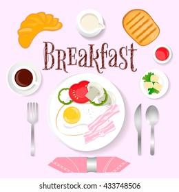 Breakfast bacon and eggs and fresh vegetables, coffee with cream. Served table.