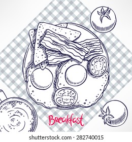 breakfast. bacon, scrambled eggs, toast and tomatoes. hand-drawn illustration