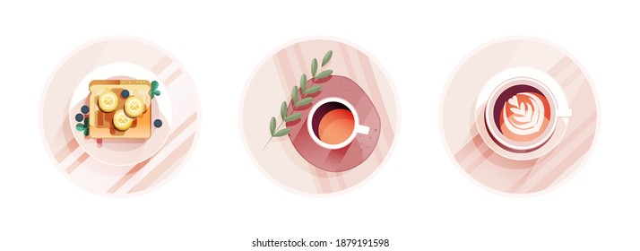 Breakfast Badges. Modern Flat Vector Concept Illustrations. Badges with Plate with Bread and Banana slices on it and Coffee Cups. Social Media Ads.