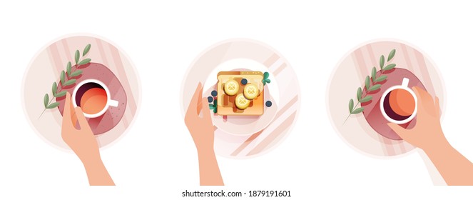 Breakfast Badges. Modern Flat Vector Concept Illustrations. Badges with Hands Holding Plate and Coffee Cups. Social Media Ads.