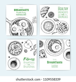 Breakfast banner design template. Banners set. Vector illustration hand drawn,. Hand drawn sketch. Food menu design. Engraved image. Vintage style.