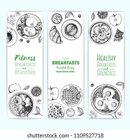 Breakfast banner design template. Vertical banners set. Vector illustration hand drawn,. Hand drawn sketch. Food menu design. Engraved image. Vintage style.