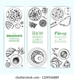 Breakfast banner design template. Vertical banners set. Vector illustration hand drawn,. Hand drawn sketch. Food menu design. Engraved image. Vintage style.