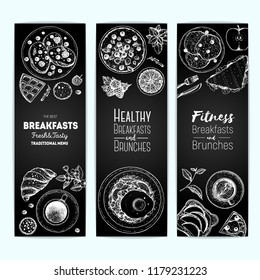 Breakfast banner design template. Vertical banners set. Vector illustration hand drawn,. Hand drawn sketch. Food menu design. Engraved image. Vintage style.