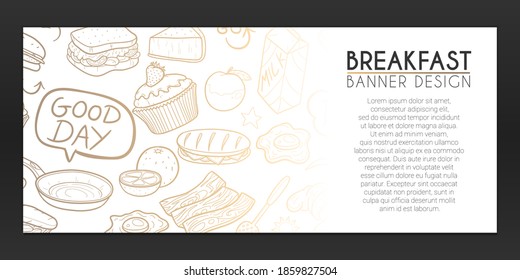 Breakfast Banner Doodles. Food Background Hand drawn. Sugar Sweets illustration. Vector Horizontal Design.