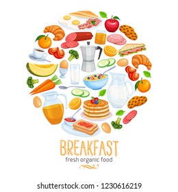 Breakfast banner, food design vector. Jug of milk, coffee pot, cup, fruits and vegetables. Baking, orange juice, sandwich and fried eggs. Pancakes and toast with jam.