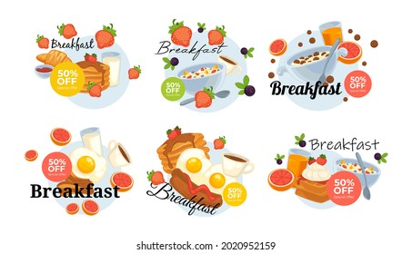 Breakfast banner set, isolated on white design, vector illustration. Cafe fresh food with flat coffee and juice, special offer advertisement. Discount for restaurant meal, graphic design promotion.