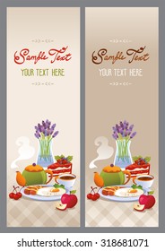 Breakfast banner set wit tea, cake, eggs, fruits and flowers. Vector illustration