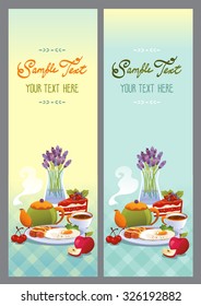 Breakfast banner set wit tea, cake, eggs, fruits and flowers. Vertical banners. 