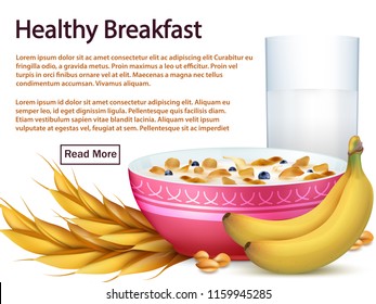 Breakfast banner template with cereals, realistic fruits, milk and cornflakes milk. Vector illustration