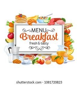 Breakfast banner template menu food design vector. Pancakes and toast with jam. Jug of milk, coffee pot, cup, fruits and vegetables. Baking, orange juice, sandwich and fried eggs.