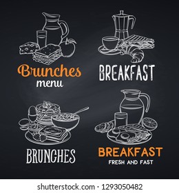 Breakfast banners. Hand drawn jug of milk, coffee pot, juice, sandwich and fried eggs. Retro style pancakes, toast with jam, croissant, cheese and flakes with milk for menu design. Chalkboard style