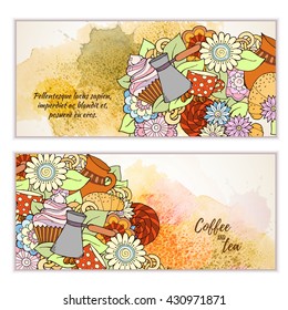 Breakfast banners. Pattern with coffee cezve, sweets and flowers. Tea and coffee hand drawn pattern. Card background for menu, site, cafe, restaurant, teahouse.