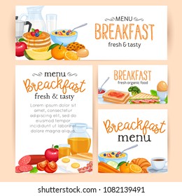 Breakfast banners or posters template menu food design vector. Flyers Jug with milk, coffee pot, cup, fruits and vegetables. Baking, orange juice, sandwich and fried eggs. Pancakes and toast with jam.