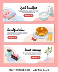 Breakfast banners set. Collection of graphic elements for site. Milk with cereal, pancake with butter and honey, tea or coffee with cake. Cartoon flat vector illustrations isolated on pink background