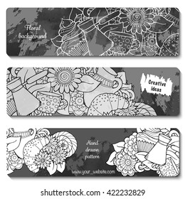 Breakfast banners. Tea and coffee hand drawn pattern. Card background for menu, site, cafe, restaurant, teahouse.