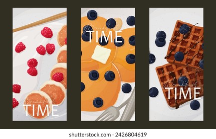 Breakfast banners template food design vector. Pancakes, cheesecakes, waffles, raspberries, strawberries, jam, maple syrup, honey, berries. Sweet breakfast. For advertising, flyer, postcard